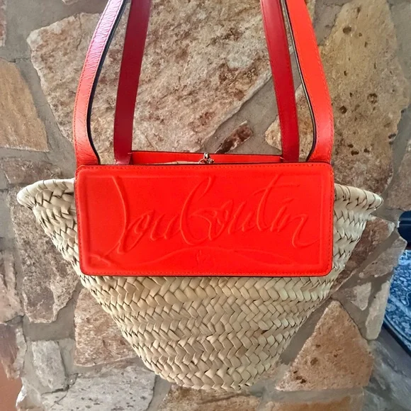Christian Louboutin Orange and Tan Woven Bag Straw Tote authentic COA INCLUDED